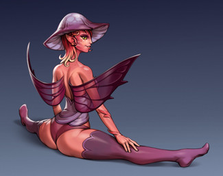 big_butt blue_background breasts butt clothing ear_piercing eyelashes feet female flexible green_eyes hair humanoid_pointy_ears insect_wings legwear lepidopteran_wings looking_at_viewer looking_back looking_back_at_viewer mushroom_cap panties piercing pink_body pink_clothing pink_hair pink_panties pink_underwear pointy_ears purple_clothing purple_legwear purple_thigh_highs purple_topwear purple_wings rear_view simple_background solo splits spread_legs spreading thick_thighs thigh_highs topwear underwear wide_hips wings rerorero_art dota valve valve_corporation mireska_sunbreeze_the_dark_willow fairy humanoid winged_humanoid hi_res