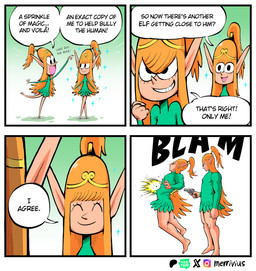 black_eyes clone closed_smile clothing crown dialogue dress duo eyelashes eyes_closed female fist green_clothing green_dress grin gun hair handgun headgear humanoid_pointy_ears humor killing long_ears long_hair magic mouth_closed open_mouth open_smile orange_hair pink_tongue pointy_ears pointy_nose ponytail ranged_weapon revolver smile sparkles teeth teeth_showing text tiara tongue weapon merrivius dragon_ball elec_shoots_granolah_(meme) elf_comic elf_(merrivius) elf humanoid absurd_res comic english_text hi_res