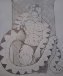 anthro biped claws clothing grin looking_at_viewer lying male muscular muscular_anthro muscular_male on_back smile solo tail thong underwear deeplydisturbd reptile scalie snake greyscale monochrome sketch