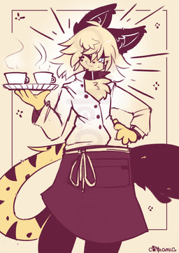 anthro bottomwear chest_tuft clothing collar confident container cup fur glowing looking_at_viewer male male_anthro server server_tray skirt striped_body striped_fur stripes tail tuft caeleste niles_(caeleste) felid feline mammal serval 2026 absurd_res hi_res yellow_theme