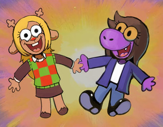4_fingers anthro antlers blonde_hair brown_hair buckteeth clothed clothing duo female fingers freckles hair horn open_mouth purple_body teeth iluvrabbitz deltarune nickelodeon spongebob_squarepants undertale_(series) noelle_holiday susie_(deltarune) deer mammal new_world_deer reindeer scalie
