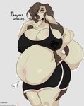 anthro areola belly big_belly big_breasts blush bodily_fluids breasts clothed clothing female hair lactating mature_anthro mature_female multicolored_body nipples piercing pregnant pregnant_anthro pregnant_female simple_background solo tail text thick_thighs topwear two_tone_body veksim jessie_(veksim) canid canine canis domestic_dog mammal digital_media_(artwork) hi_res