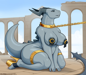 2_horns anthro arched_back areola arm_support barbell_piercing big_areola big_breasts big_butt biped black_sclera breasts butt chain chain_leash clothed clothing collar collarbone detailed_background duo eyebrows eyelashes feet female female_anthro fingers front_view glistening glistening_body gold_(metal) gold_collar gold_thighlet golden_high_heels grey_areola grey_body hands_together horn humanoid_hands kneeling leash leash_pull looking_aside looking_away mature_female metal_collar mostly_nude mostly_nude_anthro mostly_nude_female nipple_piercing nipples non-mammal_breasts offscreen_character outside pasties piercing pupils solo solo_focus tail teeth text thick_thighs thighlet three-quarter_view white_pupils wide_hips colarix bethesda_game_studios microsoft mythology skyrim the_elder_scrolls milfnir dragon mythological_creature mythological_scalie scalie absurd_res hi_res url