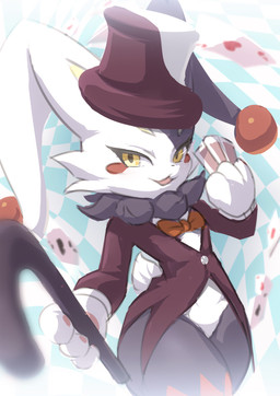 anthro bottomless clothed clothing fingers fur hat headgear headwear holding_object looking_at_viewer multicolored_body multicolored_fur open_mouth top_hat white_body white_ears white_fur wide_hips yellow_eyes rusho palworld pocketpair dupin_(pal) lagomorph mammal hi_res