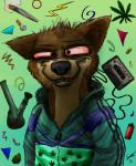 anthro audio_cassette biped bloodshot_eyes bong brown_body brown_fur cassette_tape cigarette clothed clothing drugs fully_clothed fur half-closed_eyes lighter looking_at_viewer male marijuana narrowed_eyes simple_background solo stoned substance_intoxication stanwuuz canid canine mammal 2015 digital_media_(artwork) half-length_portrait portrait