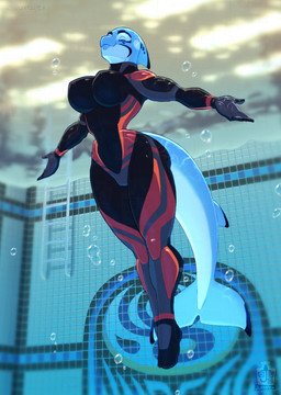 anthro athletic athletic_female big_breasts blue_body bodysuit breasts bubble butt clothing detailed_background diving_suit dolphin_tail eyes_closed female indoor_pool indoor_swimming_pool inside latex latex_clothing latex_skinsuit low-angle_view nipple_outline relaxed_expression side_butt skinsuit smile solo spandex_suit swimming swimming_pool swimming_pool_ladder swimwear tight_clothing underwater water wide_hips worm's-eye_view juxtapex dolina_(juxtapex) aquatic cetacean dolphin mammal toothed_whale hi_res