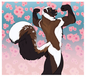 anthro back_muscles black_body black_fur border brown_body brown_fur flexing flexing_bicep flexing_both_biceps fluffy fluffy_tail fur hair looking_at_viewer male male_anthro muscular muscular_anthro muscular_male nude nude_anthro nude_male simple_background smile solo tail teeth whiskers white_body white_border white_fur white_hair homogenousrule roberto_(thetamule) mammal mephitid skunk 2024 hi_res