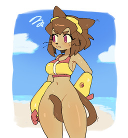 anthro armor beach bikini bikini_top blush blush_lines bottomless clothed clothing cloud convenient_censorship eyewear eyewear_on_head female furrowed_eyebrows gauntlets glistening glistening_hair glistening_thighs gloves goggles goggles_on_head hair handwear lost_clothes magenta_eyes navel outside sea solo spiral standing swimwear tail tail_censorship two-piece_swimsuit water waterdrops wet whiskers str4wberris0da gameoverse glitch_productions kit_bodega domestic_cat felid feline felis mammal