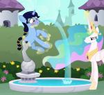 2018 amber_eyes blush duo equid equine fan_character female feral fountain friendship_is_magic glowing hasbro horn icaron magic mammal my_little_pony mythological_creature mythological_equine mythology outside princess_celestia_(mlp) sculpture statue unicorn water winged_unicorn wings
