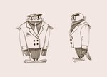 anthro biped bottomwear clothing necktie pants shirt simple_background solo topwear unknown_artist beastly_crimes beastly_crimes_(2024) avian bird owl concept_art model_sheet official_art