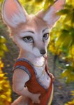 anthro biped black_nose detailed_background fur high-angle_view jewelry light looking_at_viewer male navel necklace outside plant solo standing tan_body tan_fur whiskers white_body white_fur wayn_animation canid canine fennec_fox fox mammal true_fox 2023 digital_media_(artwork) hi_res lighting