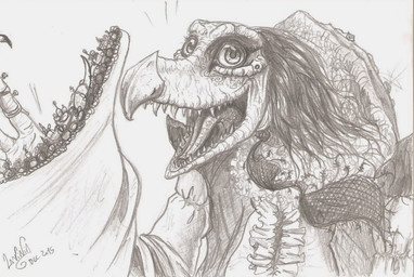ambiguous_gender anthro beak elderly elderly_intersex fangs gown greeting_viewer holidays multi_limb renaissance_clothing smile solo teeth skekla_(artist) christmas the_dark_crystal skekla_the_illustrator alien skeksis 2015 english_description hi_res portrait signature