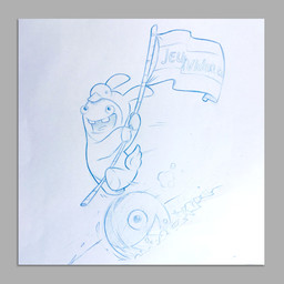 ambiguous_gender anthro blue_eyes blue_line_art border clothed clothed_anthro clothed_male clothing duck_costume duo dust_cloud featureless_legs flag flag_(object) grey_border holding_flag holding_object long_ears male midair mitten_hands motion_lines noseless open_mouth open_smile rolling running simple_background smile text white_costume white_outfit claudia_tuci jeuxvideo mario_bros nintendo raving_rabbids rayman_(series) ubisoft chain_chomp lagomorph mammal rabbid 1:1 2018 blue_and_white colored_line_art colored_pencil_(artwork) crossover english_description french_text hi_res monochrome shaded traditional_media_(artwork)