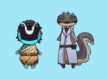 accessory alternate_species anthro belt belt_buckle belt_pouch biped black_body black_eyes black_hair black_skin black_spots blue_background blue_body blue_markings blue_skin brown_belt brown_body brown_skin buckle button_(fastener) closed_smile clothed clothed_anthro clothed_female clothed_male clothing doctor dreadlocks duo facial_markings featureless_legs featureless_limbs female female_anthro furrification grey_body grey_dress_shirt grey_fin grey_lab_coat grey_sclera grey_skin grey_tail hair head_markings headgear larger_anthro larger_male light long_tail looking_at_viewer male male_anthro markings mouth_closed multicolored_body multicolored_skin necktie no_eyebrows no_pupils open_mouth open_smile orange_hairband pupils red_necktie simple_background size_difference smaller_female smile smiling_at_viewer spots spotted_body spotted_skin tail tan_dress tan_eyes two_tone_tail white_markings wide_eyed lunareel animal_crossing dead_by_daylight nintendo lisa_sherwood the_doctor_(dead_by_daylight) amphibian aquatic electric_eel fish frog knifefish naked-back_knifefish poison_dart_frog 2019 cel_shading colored crossover digital_drawing_(artwork) digital_media_(artwork) english_description lighting shaded