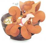 :3 ambiguous_gender bath blush bowl brown_eyes canid canine container feral food fur generation_1_pokemon heart_symbol looking_at_viewer mammal misleading_thumbnail multi_tail nintendo one_eye_closed partially_submerged pateko pawpads paws pokemon pokemon_(species) red_body red_fur simple_background sitting smile solo soup tail udon vulpix white_background wink
