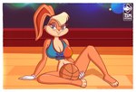 3_toes 5_fingers accessory anthro ball basketball_(ball) basketball_court big_breasts blonde_hair blue_eyes bottomless breasts buckteeth cleavage clothed clothing feet female fingers fur gloves hair hair_accessory hairband half-closed_eyes handwear looking_at_viewer narrowed_eyes navel ponytail_ears shirt solo tan_body tan_fur tank_top teeth text text_on_clothing text_on_shirt text_on_tank_top text_on_topwear toes topwear white_clothing white_gloves white_handwear tsm-draws looney_tunes warner_brothers lola_bunny lagomorph leporid mammal rabbit 2021 english_text signature