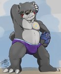 anthro belly belt bulge claws clothing fur grey_body grey_fur looking_at_viewer male pecs scar solo speedo swimwear yellow_eyes heibanhikaru bandai_namco digimon ursam_rableck bear bearmon digimon_(species) mammal 5:6 absurd_res hi_res