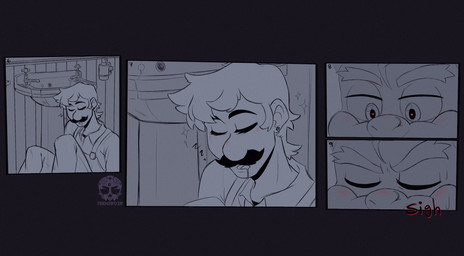 4_panel_comic anthro bathroom bent_legs biped black_border black_eyebrows black_facial_hair black_mustache blush bodily_fluids border close-up clothed clothed_human clothed_male clothing drooling duo eyebrows eyes_closed facial_hair faucet fully_clothed fully_clothed_human fully_clothed_male grey_body grey_clothing grey_eyebrows grey_eyes grey_hair grey_overalls grey_scales grey_sclera grey_shell grey_shirt grey_skin grey_spikes grey_tail grey_tongue grey_topwear grey_wall hair heart_symbol inside lidded_eyes logo male male_anthro male_human mustache number overalls plumber saliva scales shell shirt short_hair sigh sighing sleeping soap_dispenser sound_effects sparkles tail text thick_eyebrows tongue topwear vowelless vowelless_sound_effect wall_(structure) zzz feeniroir mario_bros nintendo bowser luigi human koopa mammal scalie 2023 artist_logo artist_name comic digital_drawing_(artwork) digital_media_(artwork) english_description english_text hi_res partially_colored