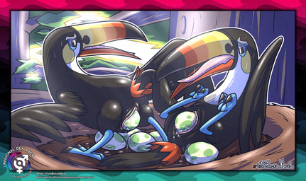 animal_genitalia avian_butt beak black_body black_claws black_eyes black_feathers blue_legs blue_sclera bodily_fluids border claws cloaca cloaca_juice countershading curling_toes duo egg feathers feet female feral forest forest_background genital_fluids genitals group_oviposition in_tree light light_beam looking_pleasured lying markings multicolored_beak multicolored_body multicolored_feathers narrowed_eyes nature nature_background nest on_back open_mouth oviposition pink_tongue plant pokemon_egg pupils saliva saliva_string spotted_egg standing sunbeam sunlight tail tail_feathers talons text toe_claws toes tongue tree white_body white_countershading white_feathers white_markings white_pupils yellow_body yellow_feathers yellow_markings violabossanova nintendo pokemon avian generation_7_pokemon pokemon_(species) toucannon adversarial_noise cel_shading hi_res shaded signature url watermark