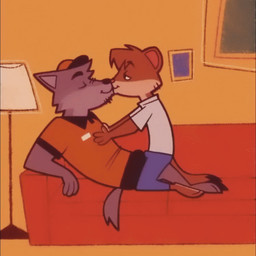 anthro bottomwear brown_body brown_fur bulge bulge_frottage bulge_rubbing chin_tuft clothed clothing countershading duo facial_tuft fully_clothed fur furniture grey_body grey_fur hat headgear headwear kissing lamp male male/male pants party picture_frame retro rubbing rubbing_chest simple_background size_difference sofa straddling toony tuft vickydanne diego_(orf) martin_(orf) canid canine canis mammal mustelid musteline true_musteline weasel wolf 1:1 2d_animation animated frame_by_frame