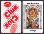 black_border border breasts brown_hair card cleavage clothed clothing dress eyewear female fingerprint fur glasses hair lead_pipe lips magnifying_glass mansion noseless orange_body orange_skin parody playing_card silhouette solo tabletop_game text thick_lips window bruce_mccorkindale clue_(film) cluedo hasbro muppets the_muppet_show gladys_(muppets) mrs._peacock humanoid muppet 2023 crossover english_text signature