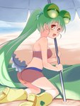 beach beach_umbrella blush breasts butt clothing cloud day female green_hair hair light light_body light_skin long_hair looking_at_viewer medium_breasts open_mouth outside parasol sand sea seaside shamrock sky solo sunlight swimwear tongue umbrella water natsuki_takano sanrio show_by_rock!! jaqueline_(show_by_rock!!) amphibian amphibian_humanoid animal_humanoid frog_humanoid humanoid 3:4 digital_media_(artwork) full-length_portrait hi_res portrait