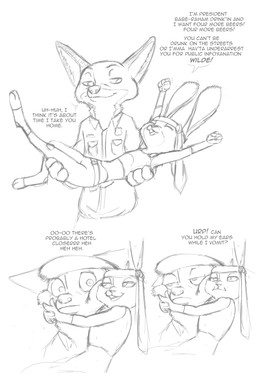 anthro belt carrying_another clothed clothing dialogue drunk duo female male necktie necktie_headband police police_uniform simple_background smile substance_intoxication text uniform white_background akiric disney zootopia judy_hopps nick_wilde canid canine fox lagomorph leporid mammal rabbit red_fox true_fox 2017 black_and_white comic english_text monochrome
