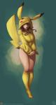 bottomless breasts brown_hair clothed clothing cosplay costume female fursuit hair hoodie legwear not_furry_wearing_fursuit pikachu_hoodie pokemon_costume solo stockings topwear atryl nintendo pokemon generation_1_pokemon human mammal pikachu pokemon_(species) hi_res