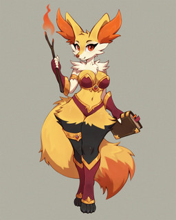 anthro anthrofied big_breasts black_body black_fur book breasts claws clothing eyelashes female fur gloves handwear holding_object inner_ear_fluff legwear looking_at_viewer navel orange_body orange_eyes orange_fur pokemorph simple_background solo stick tail tuft white_body white_fur yellow_body yellow_fur asimos nintendo pokemon braixen canid canine generation_6_pokemon mammal pokemon_(species) 2025 4:5 hi_res signature