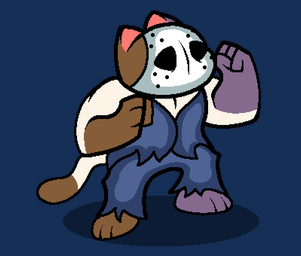 anthro black_eyes blue_bottomwear blue_clothing blue_pants blue_shirt blue_topwear bottomwear clothing fighting_pose fist male mask multicolored_body no_irises pants pose shadow shirt solo tail topwear wearing_mask r1v3r_styx splatterhouse crackers_(r1v3r_styx) terror_mask calico_cat domestic_cat felid feline felis mammal alpha_channel