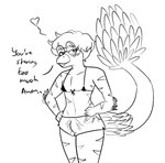 anthro bikini blush bottomwear bulge clothed clothing crossdressing dialogue elbow_feathers eyelashes eyewear feathered_tail feathers femboy glasses hair heart_symbol hotpants long_tail male open_mouth open_smile round_glasses scales short_hair shorts skimpy smile snout solo striped_body striped_scales stripes swimwear tail tail_tuft text tuft two-piece_swimsuit arsenic_iii cavemanon_studios goodbye_volcano_high snoot_game sage_(gvh) dinosaur dromaeosaurid feathered_dinosaur feathered_scalie microraptor prehistoric_species reptile scalie theropod 2023 black_and_white english_text monochrome