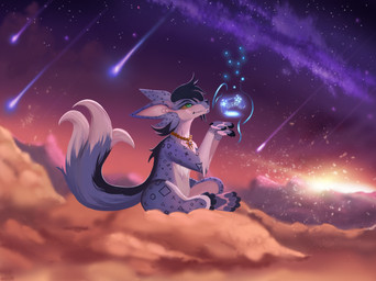 ambiguous_gender anthro blue_body blue_fur cloud controller cosmic_background fluffy fluffy_tail fur green_eyes highlights_(coloring) shooting_star sitting_on_cloud slim solo star sun sunset symbol symbol_on_head symbol_on_thigh tail thick_tail tomboy warm_lighting white_body white_fur white_highlights yellow_sclera anonymous_artist playstation sony_corporation sony_interactive_entertainment lexps6_(character) domestic_cat felid feline felis mammal absurd_res hi_res wallpaper warm_colors female_(lore)