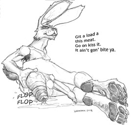 anal_prolapse anthro armpit_hair body_hair feet hindpaw hyper_prolapse male paws prolapse solo text kharnak hare lagomorph leporid mammal english_text monochrome sketch