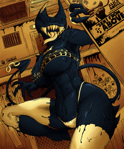 5_fingers abs anthro breasts chain cleavage clothed clothing crossgender curvy_figure dripping eyeless female fingers floor forked_tongue hooves horn ink legwear muscular muscular_female open_mouth poster sharp_teeth smile solo tail tape teeth thick_thighs thigh_highs thong tongue tongue_out underwear wall_(structure) wide_hips wood wood_floor wood_wall yellow_clothes yellow_clothing jagri bendy_and_the_dark_revival bendy_and_the_ink_machine beast_darling_(dreams_come_true) bendy_the_dancing_demon ink_bendy demon ink_demon 5:6 absurd_res hi_res