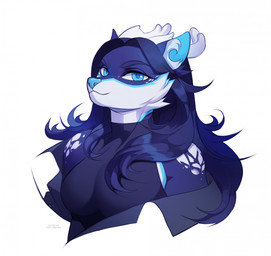 anthro black_clothing black_topwear blue_body blue_eyes blue_fur blue_hair blue_markings blue_nose cheek_tuft clothed clothing facial_tuft female female_anthro fur glistening glistening_eyes hair inner_ear_fluff long_hair looking_at_viewer markings mouth_closed simple_background solo topwear tuft white_background white_body white_fur white_inner_ear_fluff white_markings unknowhiter canid canine mammal 2025 bust_portrait dated hi_res portrait