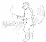 anthro apron butt clothing cooking eyewear food glasses kitchen male simple_background solo tail ten mammal procyonid raccoon black_and_white monochrome