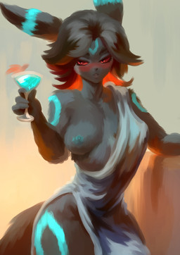 anthro areola black_eyes black_hair black_nose blue_areola blue_markings blue_nipples blush breasts clothing eyelashes female fur grey_body grey_clothing grey_fur hair holding_cocktail markings nipples one_breast_out orange_background red_sclera short_hair simple_background solo thick_thighs wide_hips baddelz nintendo pokemon eeveelution generation_2_pokemon pokemon_(species) shiny_pokemon umbreon hi_res