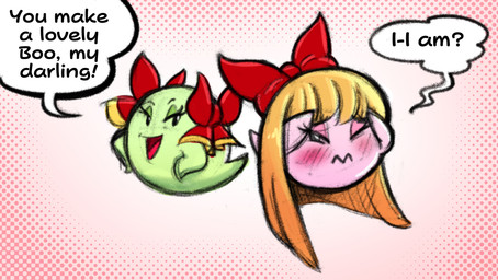 accessory blonde_hair blush dialogue duo embarrassed exclamation_point female floating_head_creature green_body hair hair_accessory hair_ribbon half-closed_eyes male narrowed_eyes one_eye_closed open_mouth pink_body question_mark ribbons speech_bubble text sachasketchy mario_bros nintendo paper_mario celeste_(celesteandbow) lady_bow boo_(mario) ghost spirit 2021 digital_media_(artwork) english_text hi_res