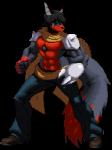 abs anthro biped black_hair bottomwear clothed clothing dipstick_tail fingerless_gloves footwear fur gloves grey_body grey_fur hair handwear male markings multicolored_tail muscular muscular_anthro muscular_male pants red_body red_fur scarf shoes simple_background solo sprite standing tail tail_markings topless transparent_background kaivolate shinzuku_hearts canid canine mammal alpha_channel low_res