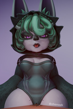 animal_ears animal_nose armwear black_lipstick black_nose bodily_fluids breasts camel_toe cleavage clothed clothing eyelashes female front_view genital_fluids green_armwear green_clothing green_hair green_hood green_leotard green_sleeves hair inner_ear_fluff leotard lipstick long_sleeves looking_at_viewer makeup pupils purple_background purple_eyes saliva short_hair simple_background slit_pupils solo thick_thighs tongue tongue_out tuft vaginal_fluids wide_hips zhenash league_of_legends pussy-cat_(meme) riot_games tencent vex_(lol) humanoid yordle 3d_(artwork) digital_media_(artwork) hi_res meme