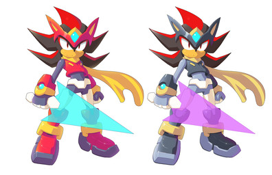 anthro armor clothing gloves handwear male melee_weapon red_clothing simple_background solo sword weapon white_background ultimatemaverickx capcom mega_man_(series) mega_man_zero mega_man_zx sega sonic_the_hedgehog_(series) model_z shadow_the_hedgehog eulipotyphlan hedgehog mammal 2021 crossover