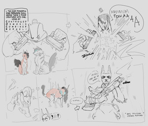 animal_genitalia anthro balls bandage crown dialogue female feral fully_sheathed genitals group gun headgear humor looking_worried male ranged_weapon sheath shotgun silly simple_background sitting sitting_on_ground size_difference text transformation trio weapon syn-6 jessica_(syn-6) mr._ferguson_(syn-6) canid canine canis chihuahua demon dobermann domestic_dog human mammal maned_wolf pinscher toy_dog wolf absurd_res comic english_text hi_res sketch