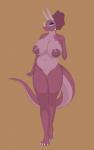 anthro anthrofied areola big_breasts blue_eyes breasts ceratopsian cocaine-leopard conditional_dnp dinosaur don_bluth female genitals hi_res innie_pussy mature_anthro mature_female nipples non-mammal_breasts nude ornithischian pinup pose pussy reptile scalie slightly_chubby solo standing the_land_before_time tria_(the_land_before_time) triceratops wide_hips
