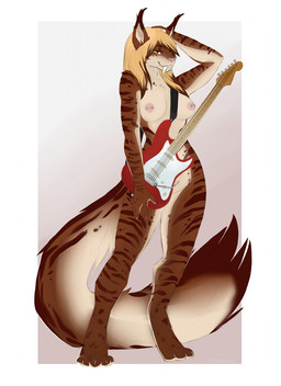 anthro breasts electric_guitar fangs female guitar musical_instrument nipple_piercing nipples nude piercing plucked_string_instrument solo string_instrument teeth kittentits felid mammal prehistoric_species saber-toothed_tiger hi_res sketch