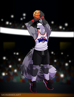 anthro athlete ball basketball basketball_(ball) basketball_uniform bottomwear clothed clothing fluffy fluffy_tail footwear hair jumping male muscular muscular_anthro muscular_male public shirt shoes shorts socks solo sport sportswear stadium tail tank_top text text_on_clothing text_on_shirt text_on_tank_top text_on_topwear topwear tune_squad_outfit tune_squad_outfit_(1996) uniform white_clothing wristband mcnubbies adidas space_jam warner_brothers brandon_(rxccoon) mammal procyonid raccoon 2021 english_text hi_res
