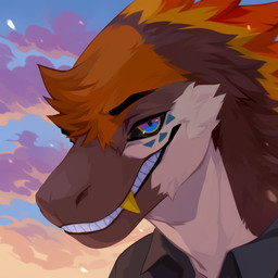 anthro black_clothing black_sclera black_topwear blue_eyes brown_body brown_fur clothed clothing cloud detailed_background fangs feathers fur grin head_tuft looking_at_viewer male multicolored_body multicolored_eyes multicolored_fur narrowed_eyes orange_body orange_fur outside purple_eyes red_body red_fur sky smile solo teeth topwear tuft unsigned white_body white_fur yellow_body yellow_eyes yellow_fur yellow_teeth corzh77 lancer_(blitzybits) dinosaur dromaeosaurid feathered_dinosaur feathered_scalie prehistoric_species reptile saurischian scalie theropod 1:1 absurd_res bust_portrait detailed hi_res icon portrait