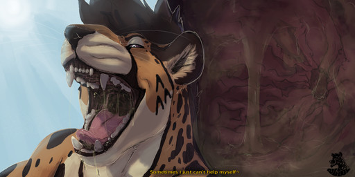 anthro bodily_fluids dialogue inside_stomach internal male outside saliva solo talking_to_viewer teeth throat vore nolow nolow_(character) cheetah felid feline mammal 2022 2:1 hi_res