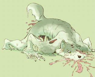 balls blood bodily_fluids death feet genitals gore green_eyes male melting penis solo kunugi canid canine canis domestic_dog mammal source_request