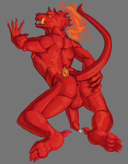 alcohol alcohol_bottle anthro anus balls beverage beverage_bottle bodily_fluids bottle butt container cum feet fire genital_fluids genitals male penis red_body red_scales scales solo spread_butt spreading tail deader fireball_cinnamon_whisky amphibian demon humanoid salamander scalie absurd_res hi_res