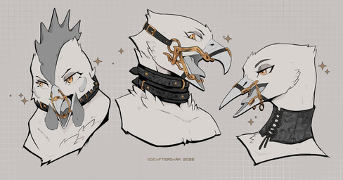 ambiguous_gender anthro bdsm collar contraption_concept furgonomics gag gagged group metal_gag multiple_collars ring_gag spreader_gag trio godafterdark avian bird chicken galliform phasianid bust_portrait hi_res portrait